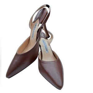Manolo Blahnik Carolyne Dark Brown Leather Slingback Heels 38